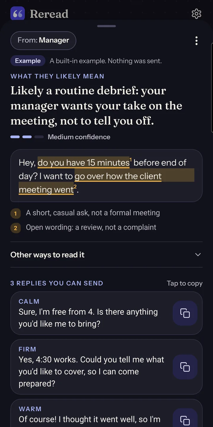The Decode example in dark mode: what the manager likely means, the two phrases behind it, and replies to copy