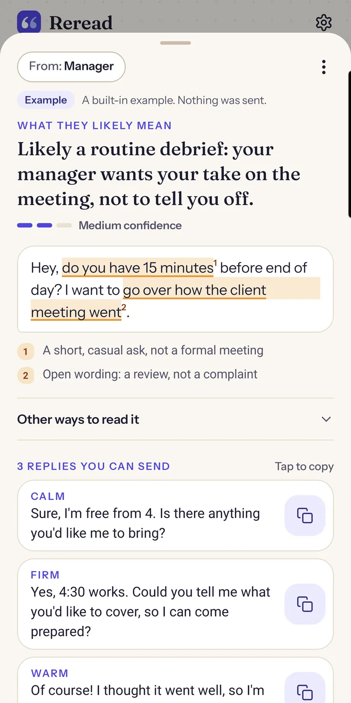 Reread decoding a manager's message, Hey, do you have 15 minutes before end of day: likely a routine debrief, not a telling-off, with medium confidence, the two phrases that point to it and three replies to copy