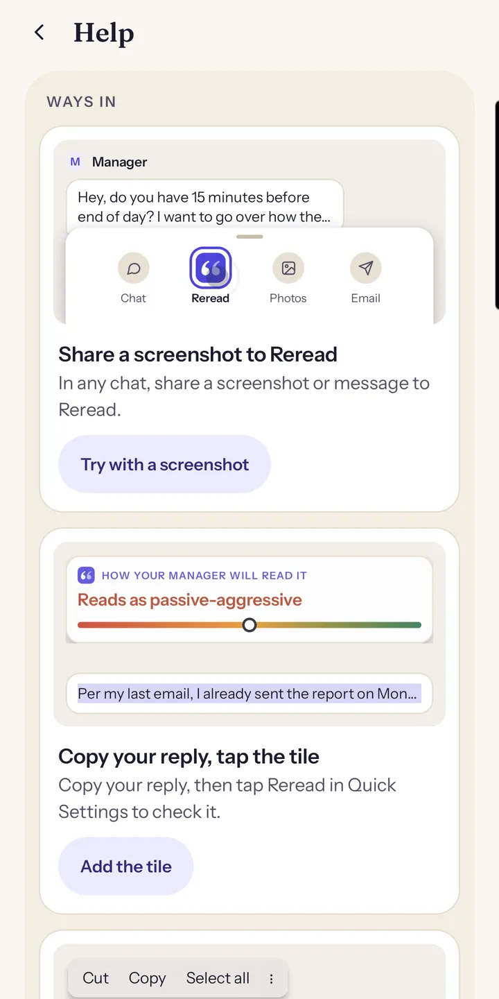 Help: three ways in, Share a screenshot to Reread, Copy your reply and tap the tile, and Select text then Reread, each with a button, then questions about using Reread and billing